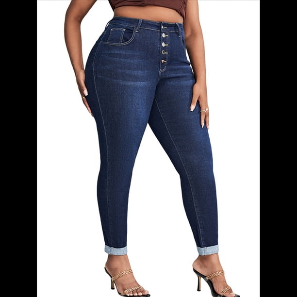 Vaqueros Ajustados de Talla Grande para Mujer, Cintura Alta, Elásticos, Clásicos, Hasta el Tobillo Azul XL