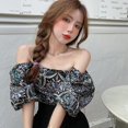 thumbnail image 5 of Ladies Korean Retro Printed One-shoulder Slim Navel Puff Short Sleeve Shirt Topwoner One Size, 5 of 10