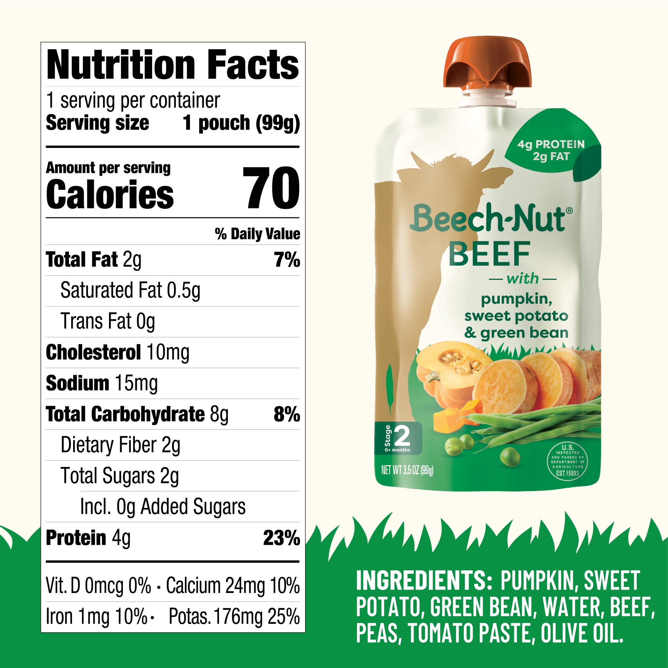 (12 pack) Beech-Nut Stage 2 Beef, Pumpkin, Sweet Potato & Green Bean Baby Food Pouch 3.5 oz