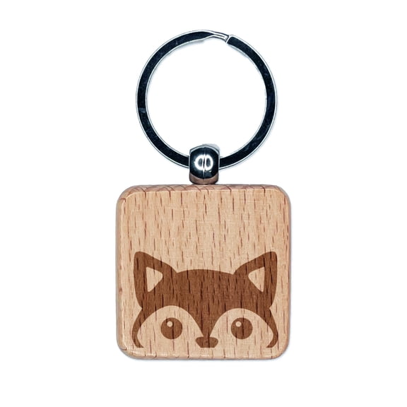 Peeking Fox Square Keychain Charm Tag - Engraved Wood