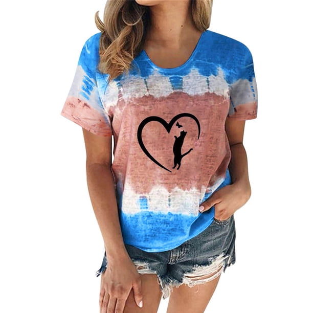 Mujeres Casual Cuello Redondo Manga Corta Estampado Jersey Blusa Camiseta Tops Sueltos OAVQHLG3B Store lin121212