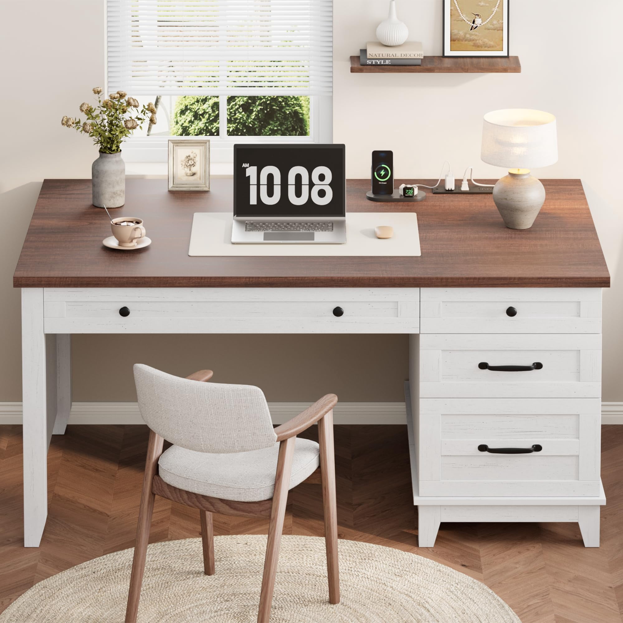 Garvee 53.5" Farmhouse Office Desk with Charging Station - Wooden Executive Computer Desk with File Drawer & USB Ports - Large Home Office Workspace-Brown&White