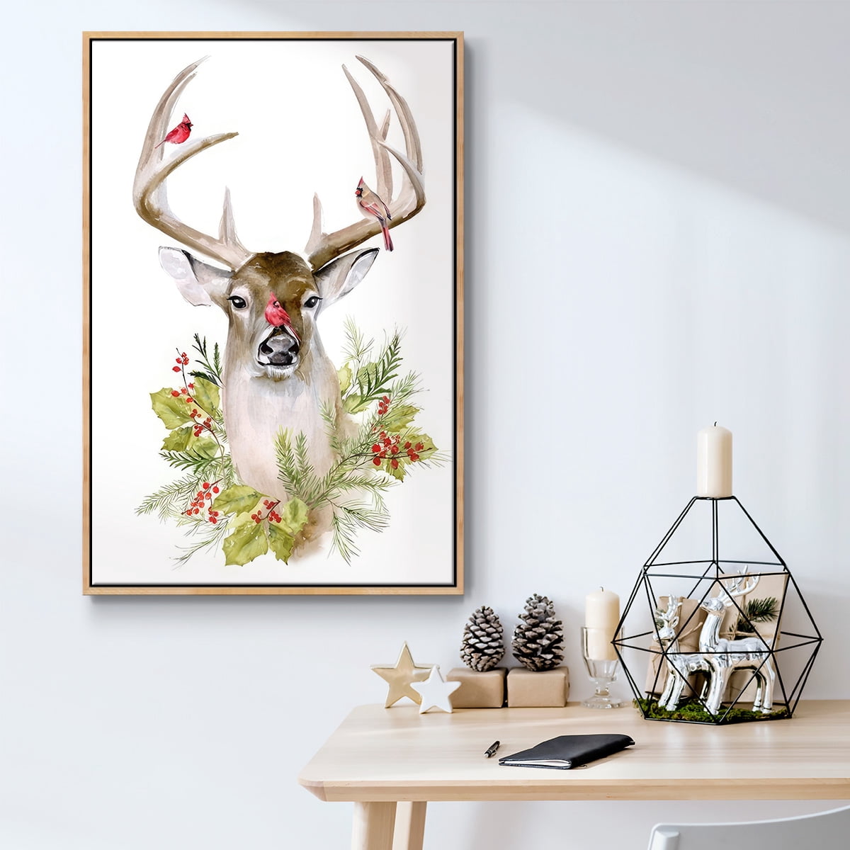 Holiday Deer Collection B - Framed Gallery Wrapped Holiday Canvas - 17 x 25 - Natural Wood Frame