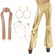 thumbnail image 2 of Pantalones anchos estilo discoteca de los años 70, 4 piezas, metalizados, dorados, con joyas estilo discoteca, para mujer, estilo hippie, discoteca de los años 70, pantalones acampanados para fiesta d, 2 of 4