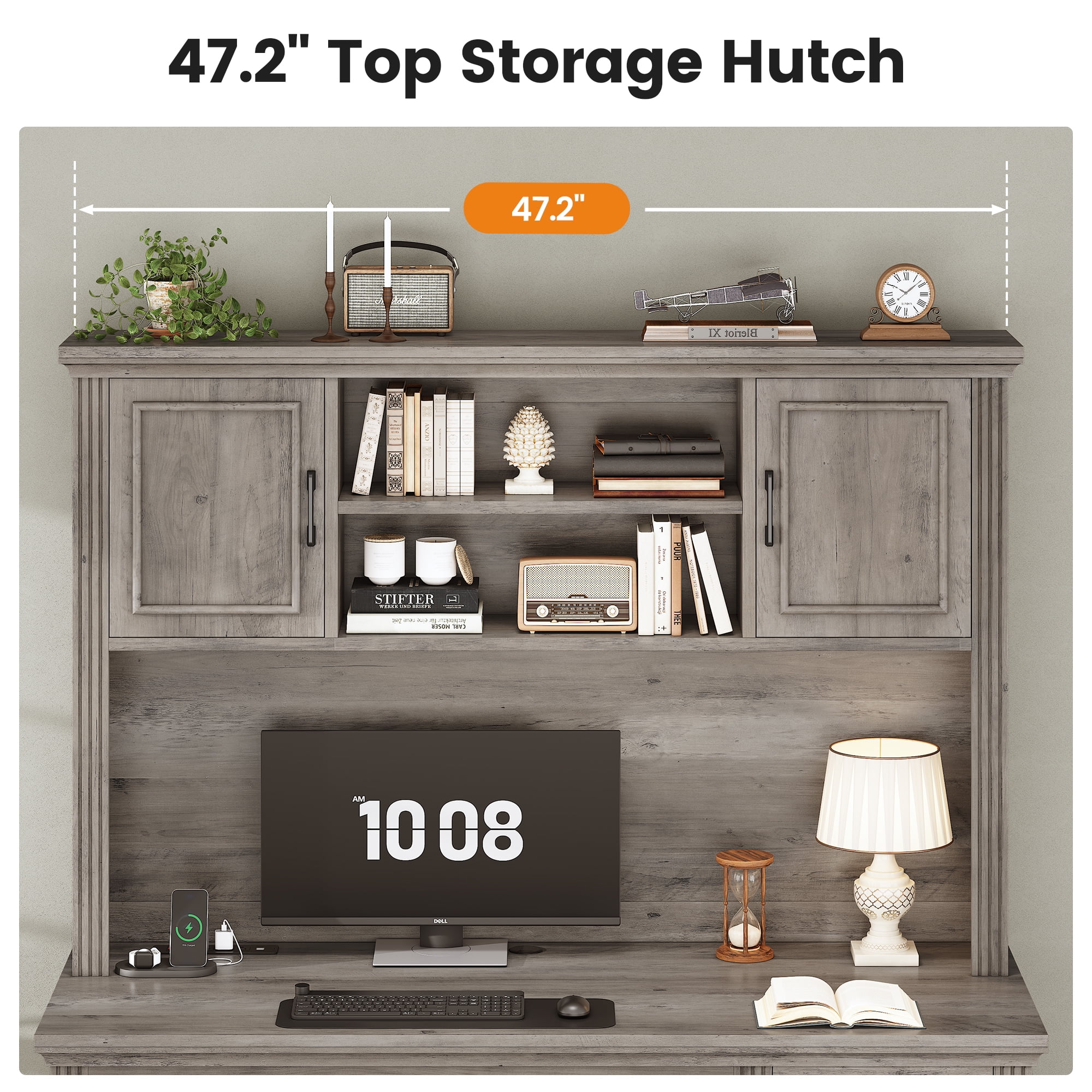 SEDETA 47 Inch Farmhouse Office Desk with Hutch and Drawers, Executive Desk Computer Desk with File Drawer and Cabinets, Large Workstation Traditonal Style Practical table for Home Office, Grey
