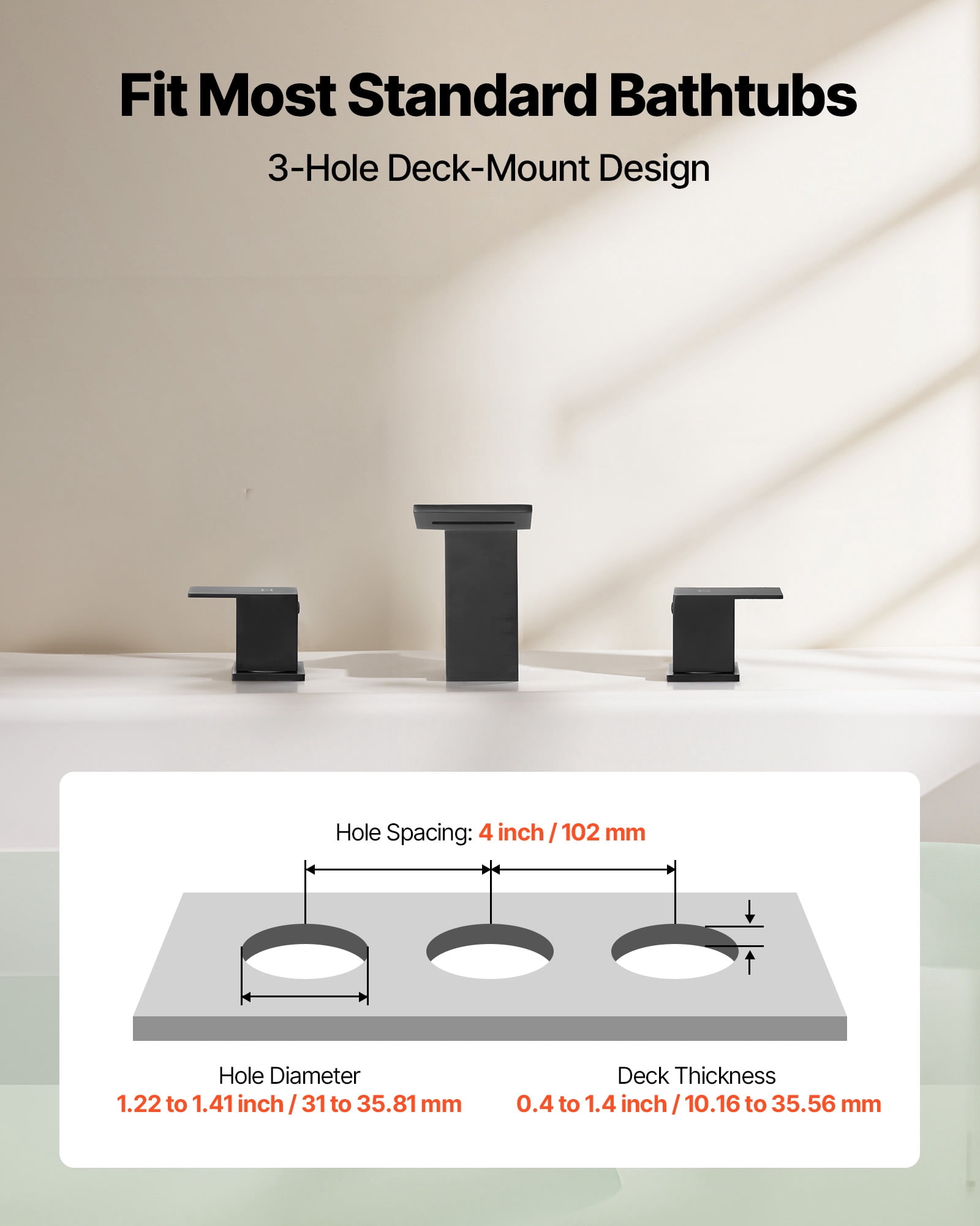 VEVOR Roman Tub Faucet, Bath Tubs Faucets Set with 2 Handles, Roman Tub Faucets Deck Mount for Pet Washing, Baby Care, Adult Bathing, Matte Black, Stainless Steel, 3 Hole Waterfall Bathtub Faucet