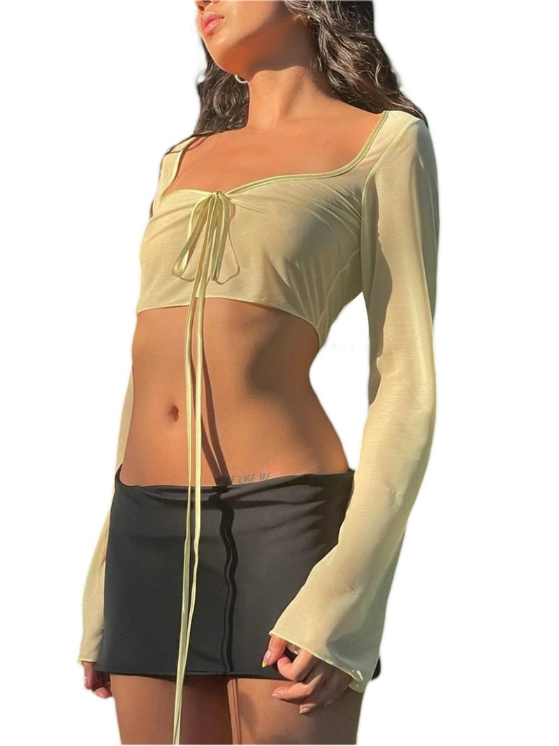Eyicmarn Women's Crop Tops, Long Sleeve Solid Color Tie-Up