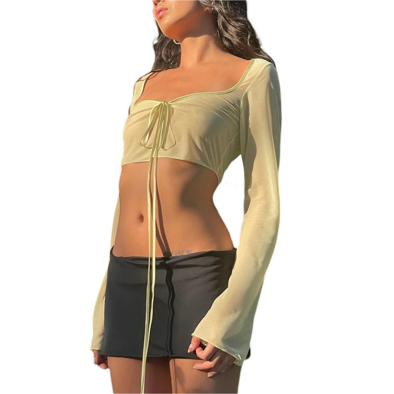 Women's Mesh Sheer Tie Up Open Front Long Sleeve Crop Top T Shirt