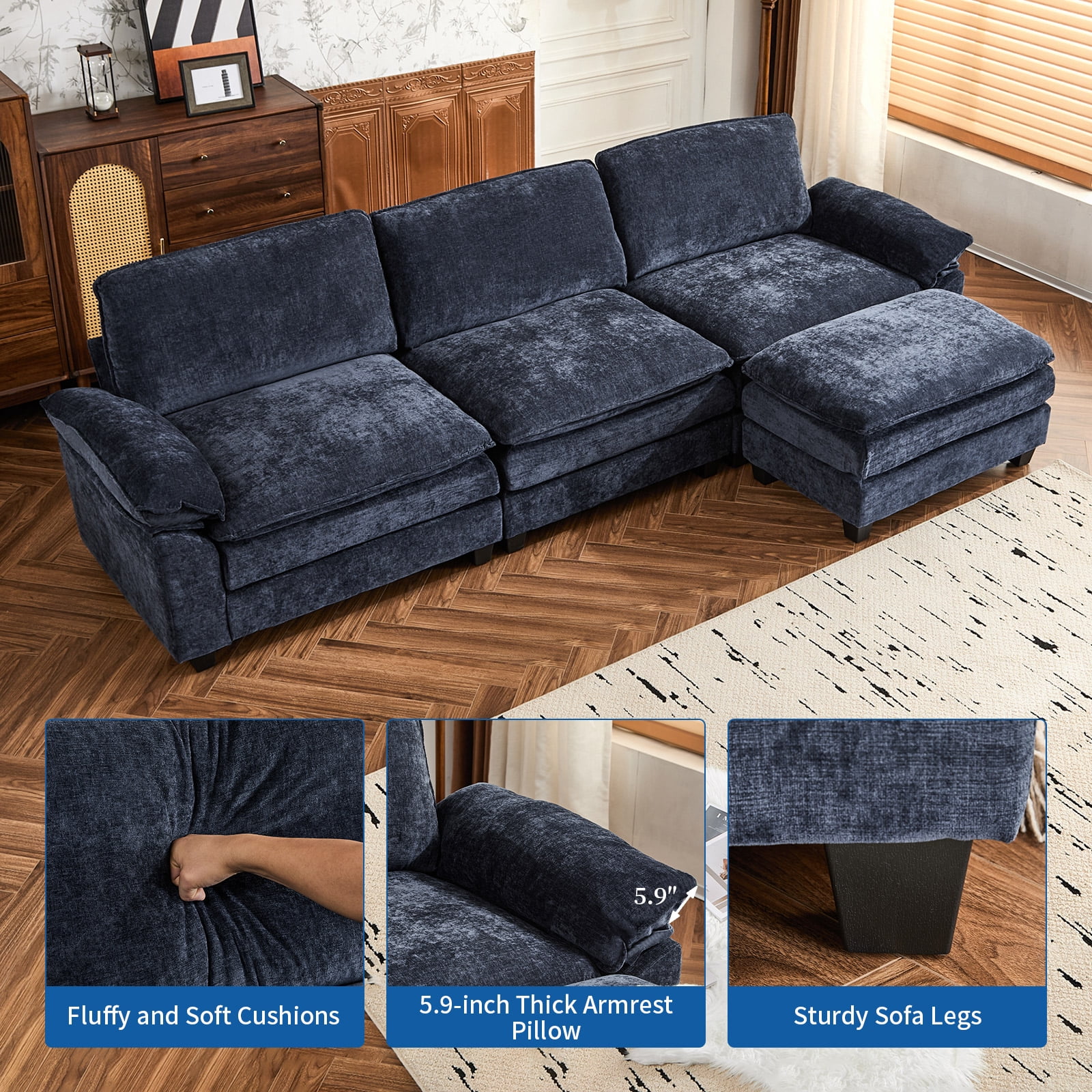 Capri 122" Oversized Sectional Couch, L Shaped Cloud Couch, Convertible Sofa Set for Living Room, Chenille, Blue