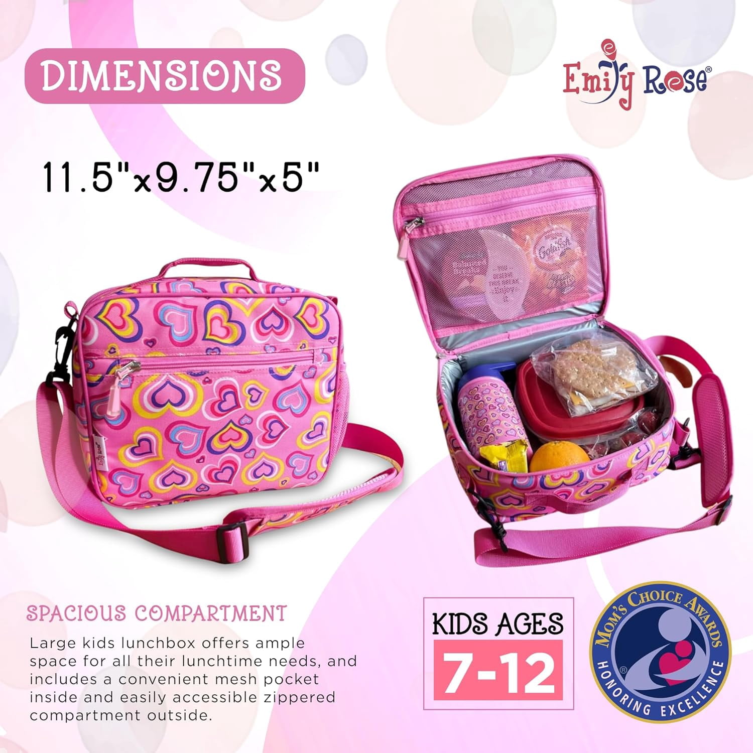 Emily Rose Playful Hearts Girls Lunch Box and Water Bottle Set