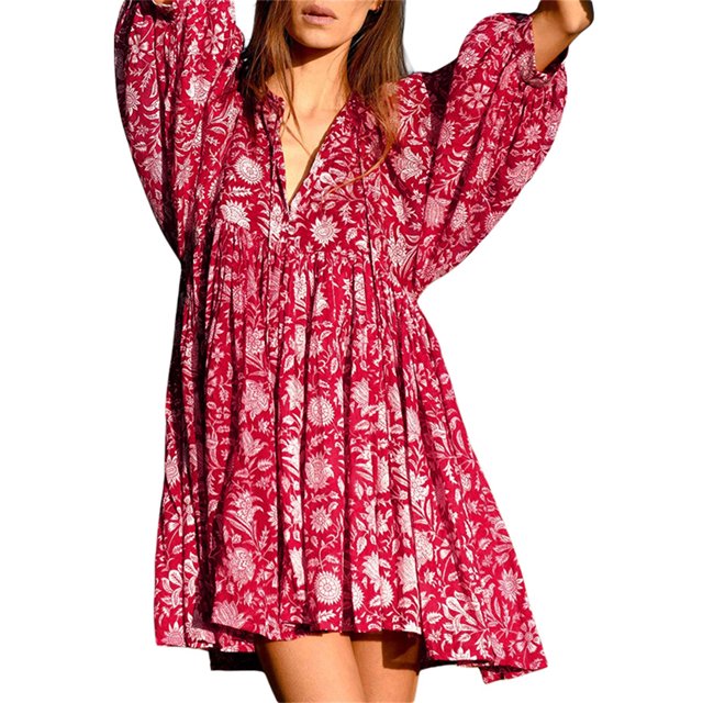 Kmbangi Femmes Robes d'Été 2023 Demi-Manches Laçage Imprimé Floral Plissé en Vrac Robe de Plage Décontractée S-XL