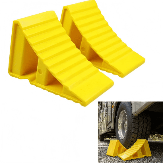 2 Pack Wheel Chocks – Heavy Duty Non‑Slip Wheel Stoppers with Rope, Plastic Hard Wheel Chocks Block for Camper, Cars, RV, Trailer, Trucks (Yellow)