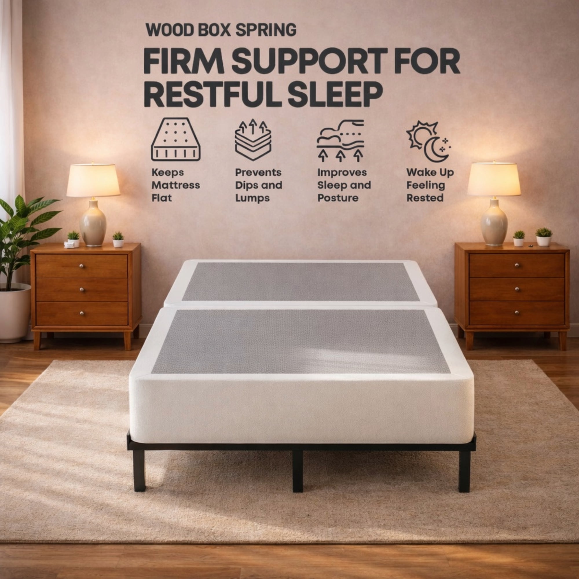 Continental Sleep, Box Spring Bed Base Twin Size, 8-Inch Wood Mattress Foundation, Quiet Noise Free, 2-Pieces Under Mattress Support BoxSpring, Fully Assembled, White