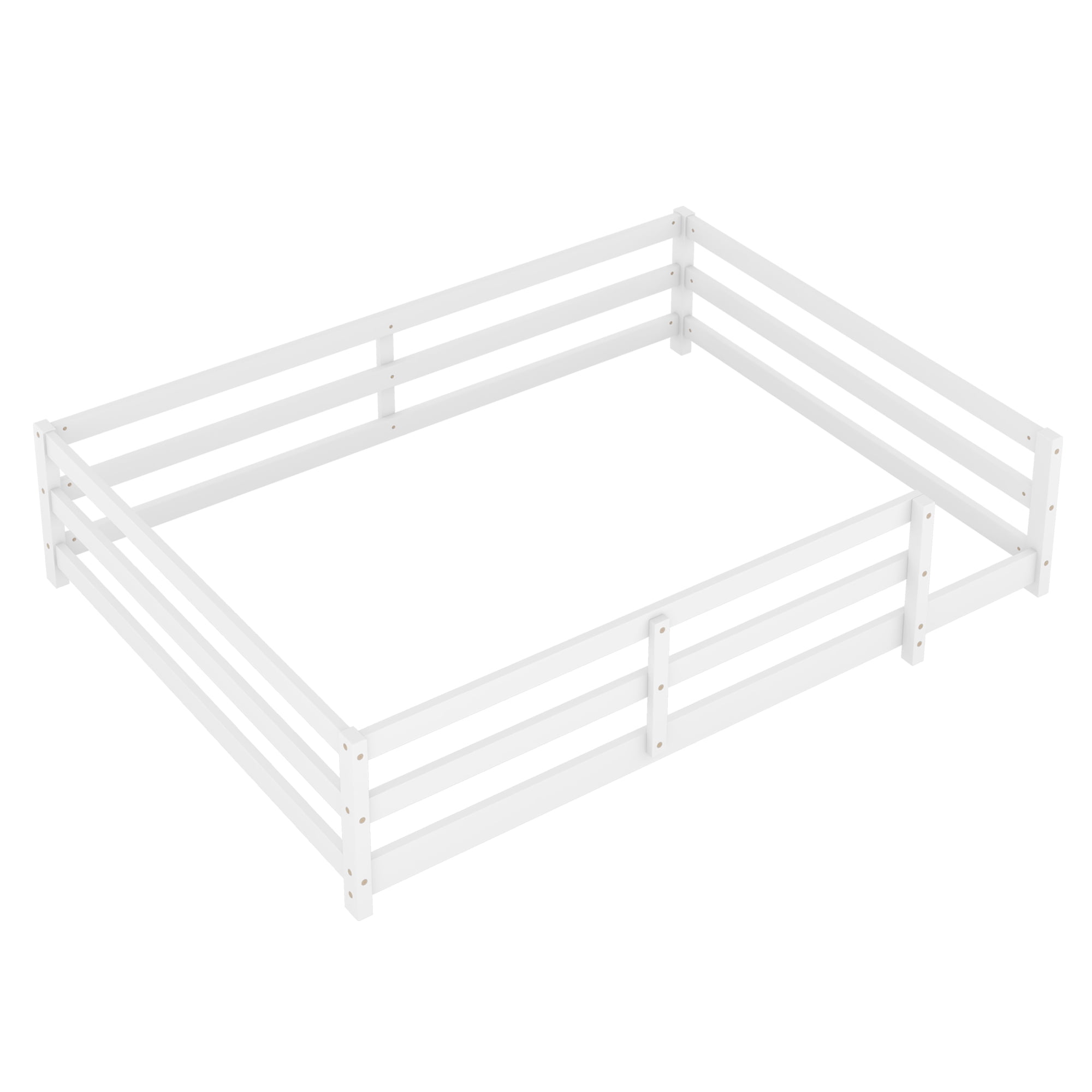 Floor Bed, Full Size Montessori Bed Frame, Wood Floor Bed with Fence and Guardrails, No Box Spring Needed, White Wood Finish