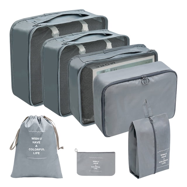 Mejor set de cubos de embalaje para viajes - Organizador de malla de 7 piezas para maleta, ropa, zapatos y artículos de aseo | Bolsas organizadoras de equipaje plegables y portátiles