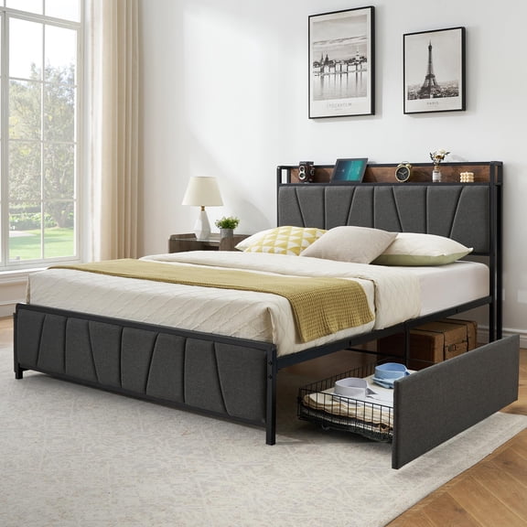 Full/Queen/King Size Bed Frame with 2 Storage Drawers, Linen Upholstered Platform Bed Frame with Storage Headboard and Charging Station, Heavy Duty, Easy to Assemble, No Box Spring Needed, Grey