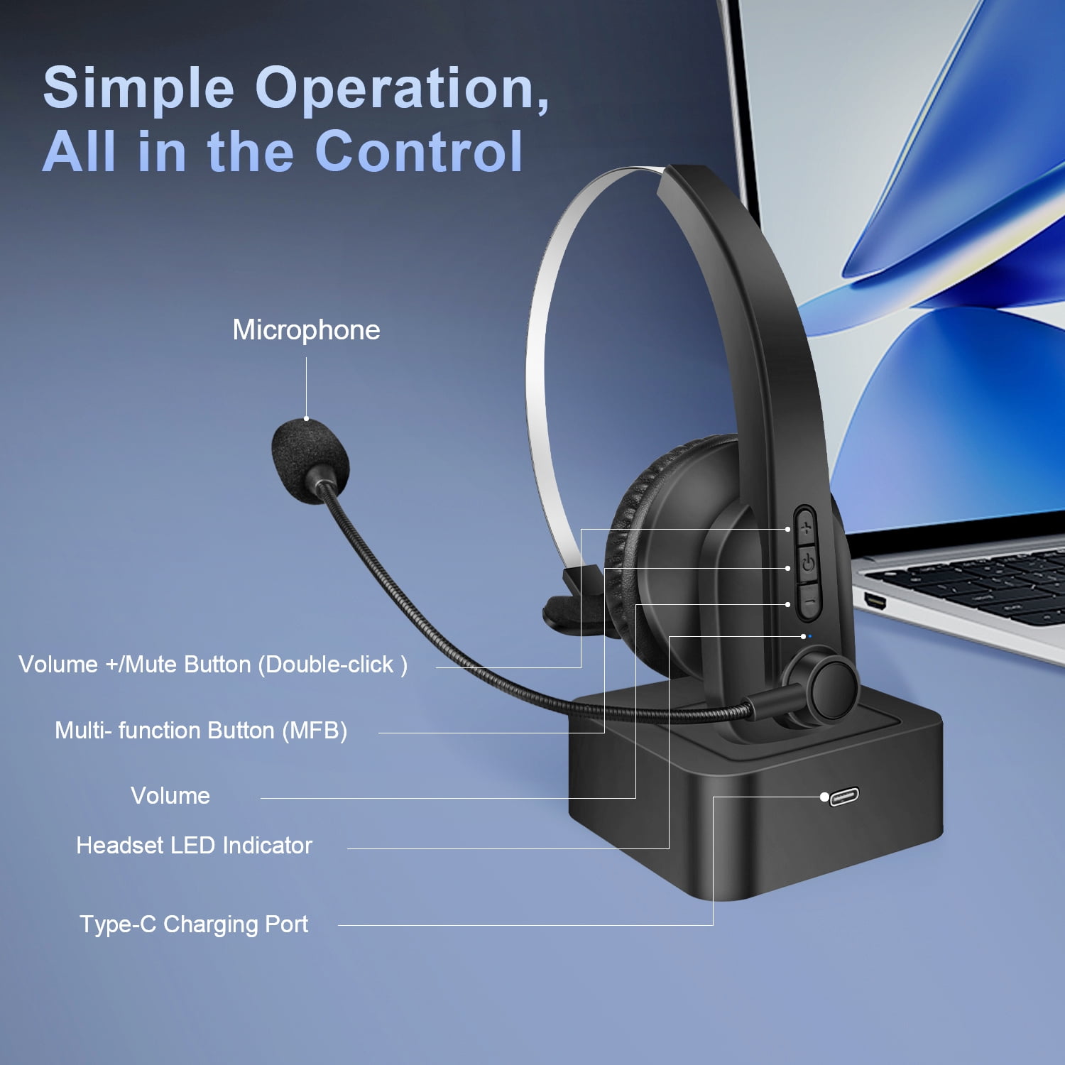 ABCPOW Trucker V5.4 Bluetooth Headset with Microphone,Noise Cancelling,Mute Button&Charging Base,Wireless On-Ear Headphones 60Hrs Playtime Wireless Headset for Office PC/Work/Cell Phone/Call Center