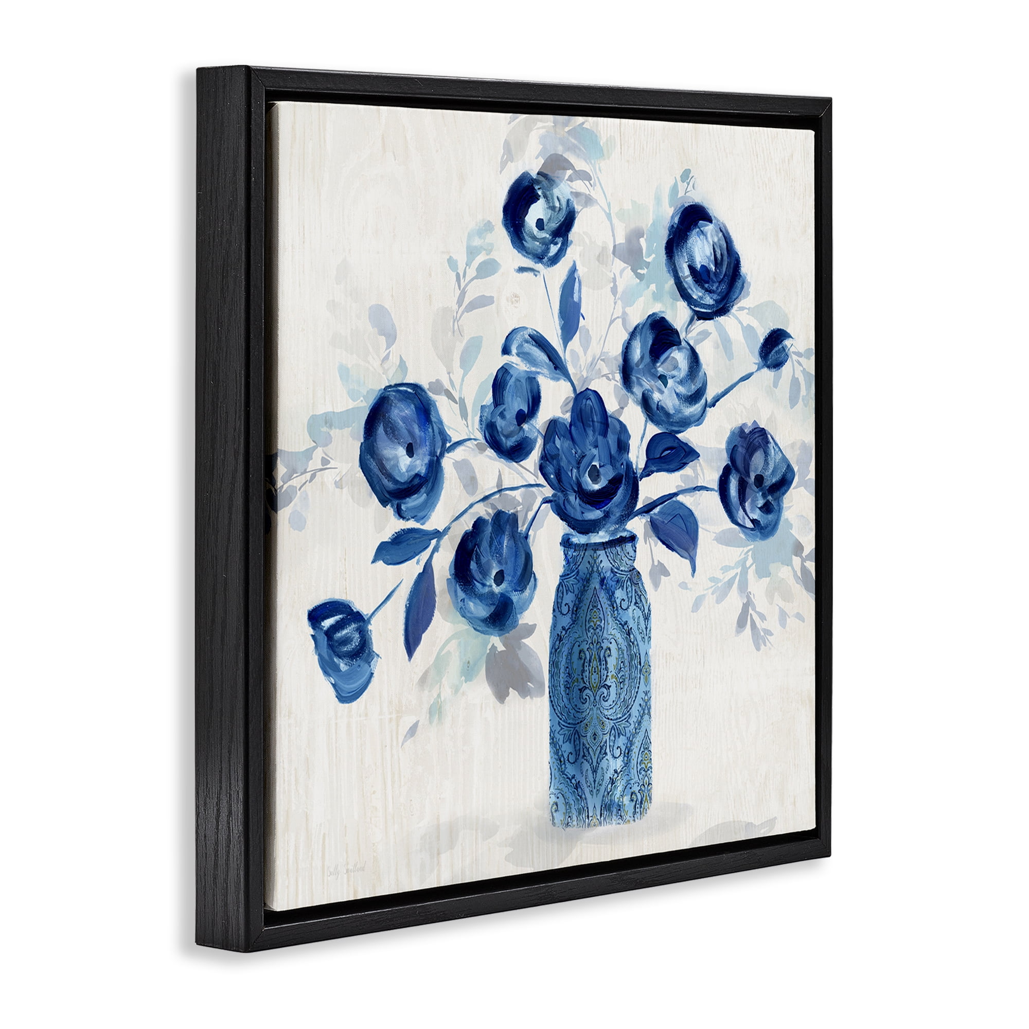 Stupell Industries Blue Roses Ornate Jar Plants & Flowers Painting Black Floater Framed Canvas Art Print Wall Art, 25 x 25