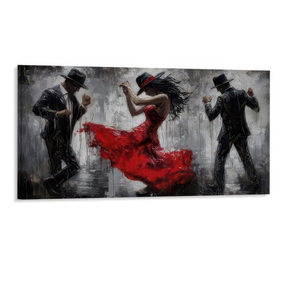 Framed Canvas Print 48x24 inch Wall Art Abstract Dance Painting Red Dress Woman with Two Men in Suits Modern Home Decor