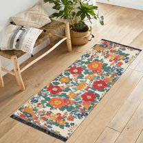 Yayeee Runner Rug for Bedroom 2'x6' Machine Washable Hallway Non Slip Mat, Orange Japanese Flowers Pattern