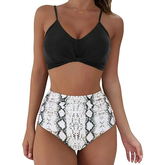 Women Criss Cross Tankini Two Piece Bathing Suits High Waisted Adjustable Sexy Spaghetti Strap Wrap Bikini Tummy Control Floral Print Beach Swimsuits, Black Snake S