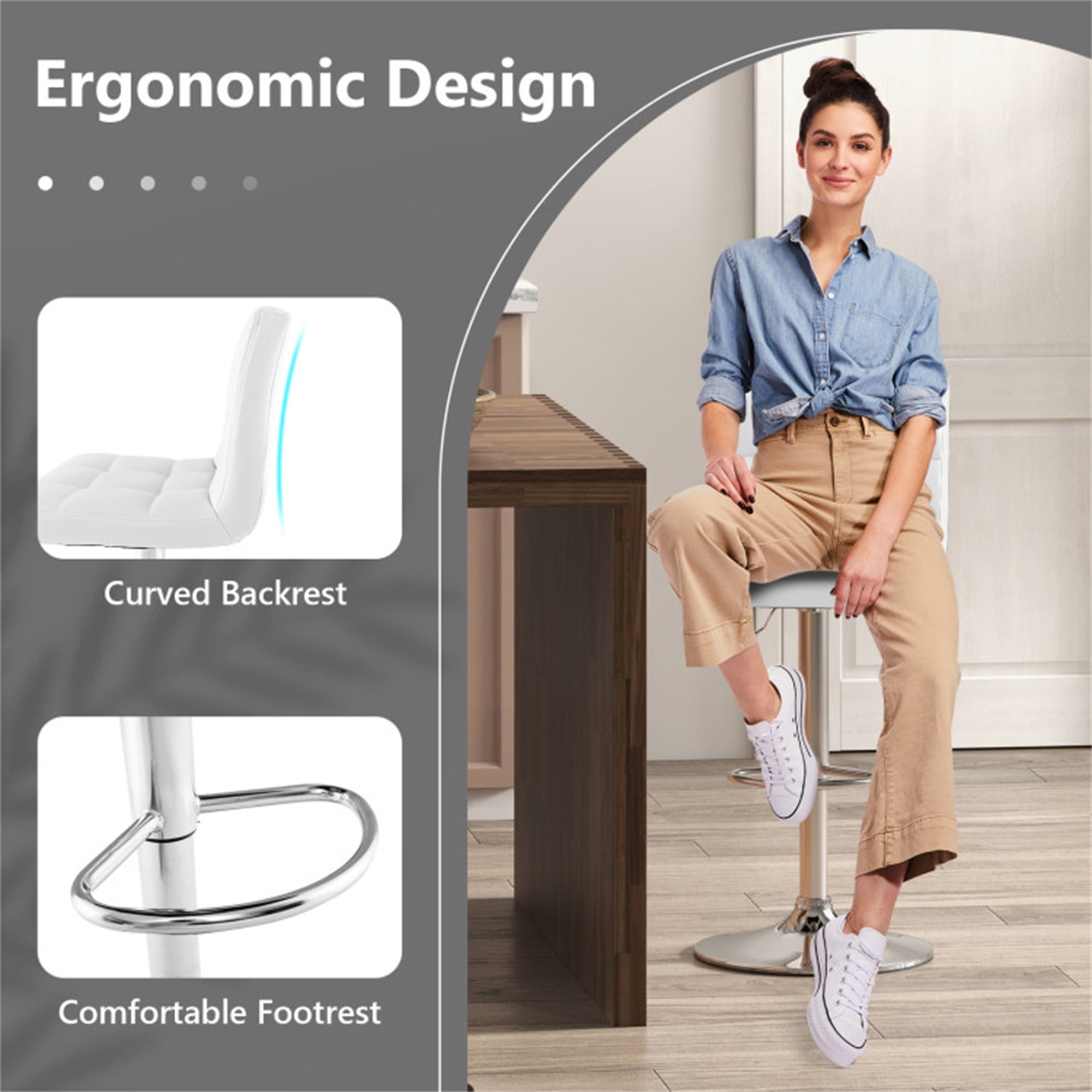 Demi Bonn Armless PU Leather Bar Stool with Adjustable Height and Swivel Seat, Modern Dining Chair with Backrests, White