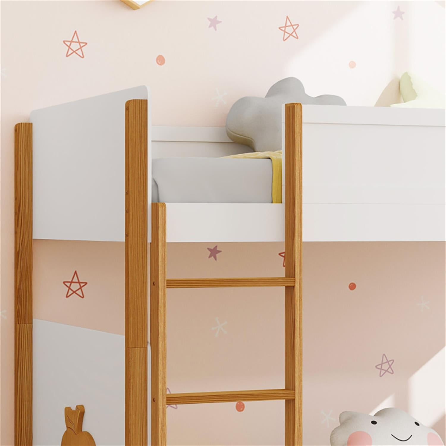 Demi Bonn Twin Over Twin Bunk Bed with Integrated Ladder and Safety Guardrails, Twin Bunk Beds, Space-saving Solid Wood Bed Frame, White