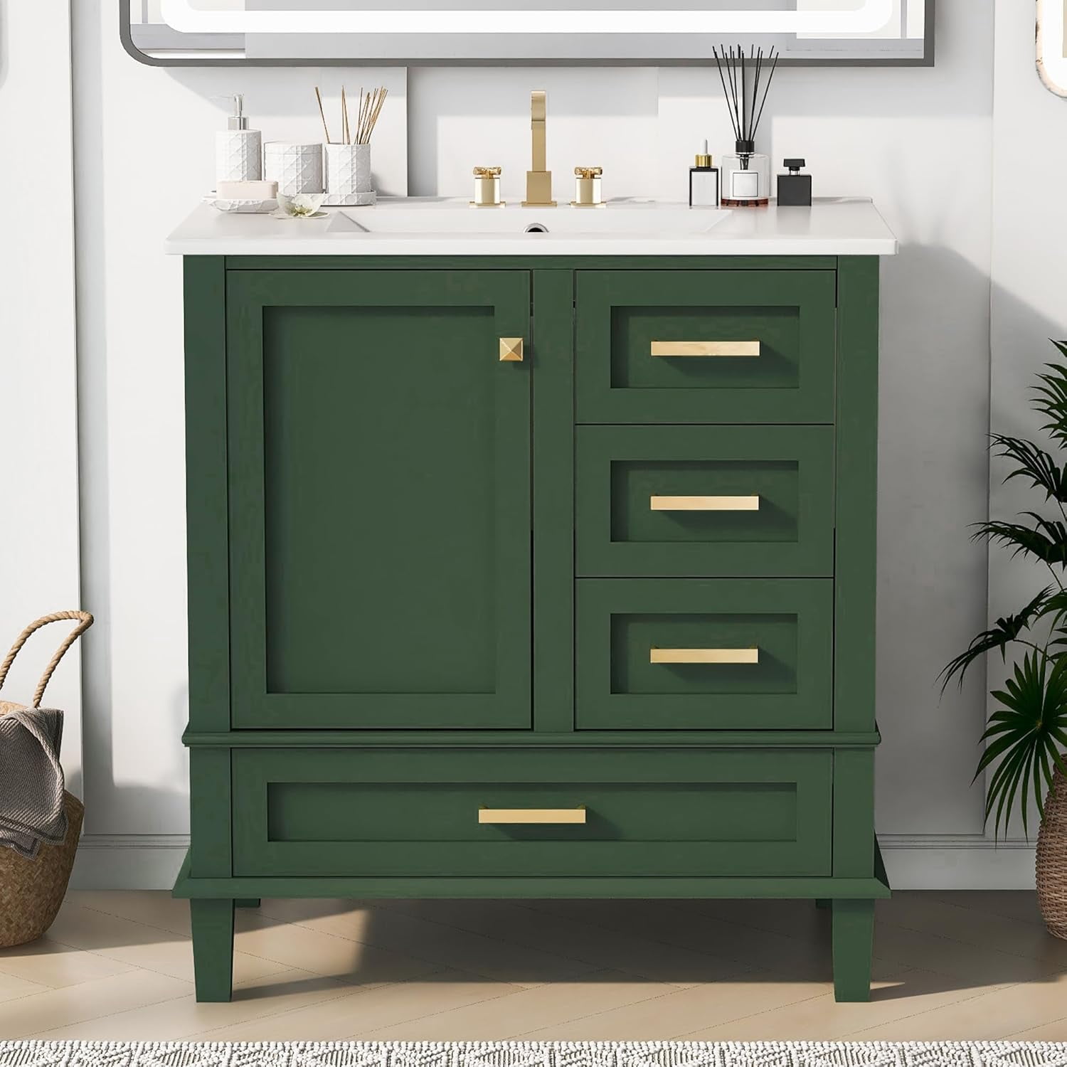 Royard Oaktree 30" Bathroom Vanity w/Resin Sink, Modern Bathroom Cabinet w/Soft Closing Door & 3 Drawers