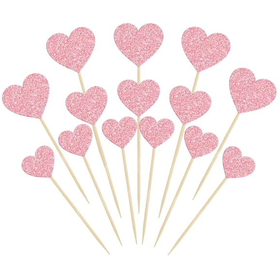 28Pcs Heart Cupcake Toppers Glitter Sweet Love Cupcake Picks Valentine's Day Cake Decorations for Wedding Engagement Bridal Shower Valentine's Day Party Cake Decorations Supplies Pink