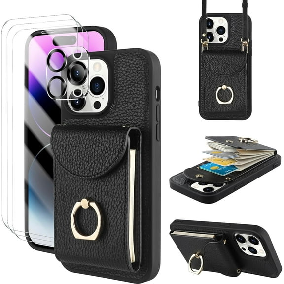 iPhone 14 Pro Max [8 in 1] Wallet Cover with Card Holder 3 Screen Protector Camera Cover Lanyard Crossbody Strap Leather 360°Swivel Ring Stand Heavy Duty Protective Flip Folio Cover 6.7"