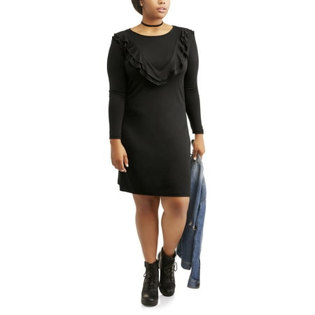 Junior's Plus Long Sleeve Ruffle V Knit Bodycon Dress