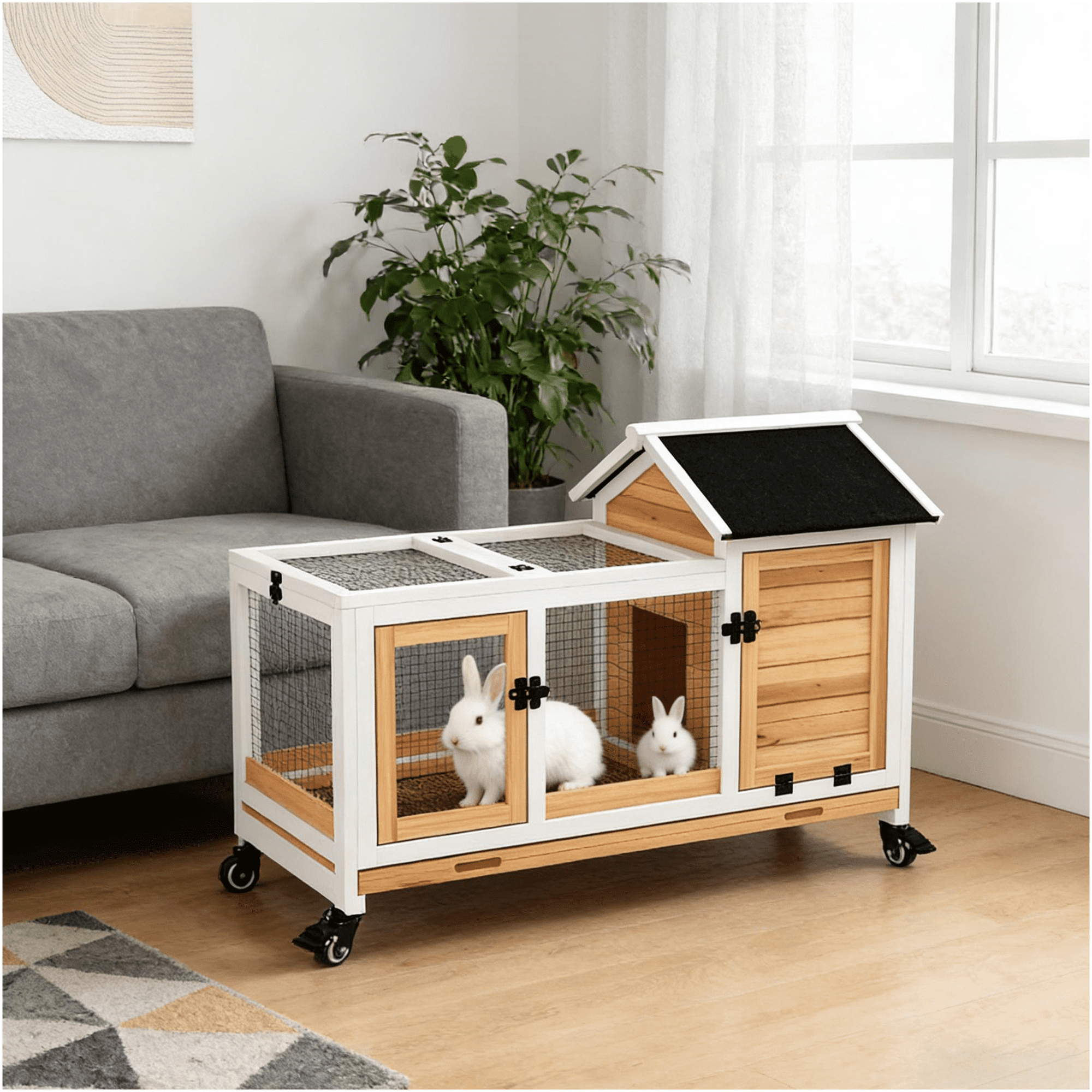 JERFIT Wooden Rabbit Hutch with Wheels, Indoor Outdoor Bunny Cage House with Run for Small Pets, White and Yellow Fir Wood Pet Enclosure