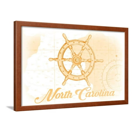 North Carolina - Ship Wheel - Yellow - Coastal Icon Framed Print Wall Art By Lantern