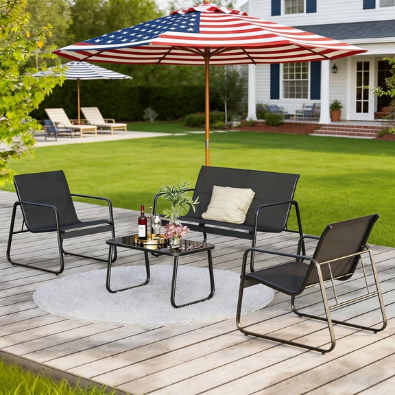 Lofka 4 Pieces Outdoor Patio Furniture Set with 3 Chairs and 1 Metal Coffee Table for Backyard | Poolside | Porch,Black