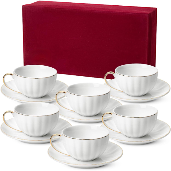 White Tea Cups and Saucers Set With Gift Box, 7oz, Set of 6 With Gold Rim, for Adults, Bulk