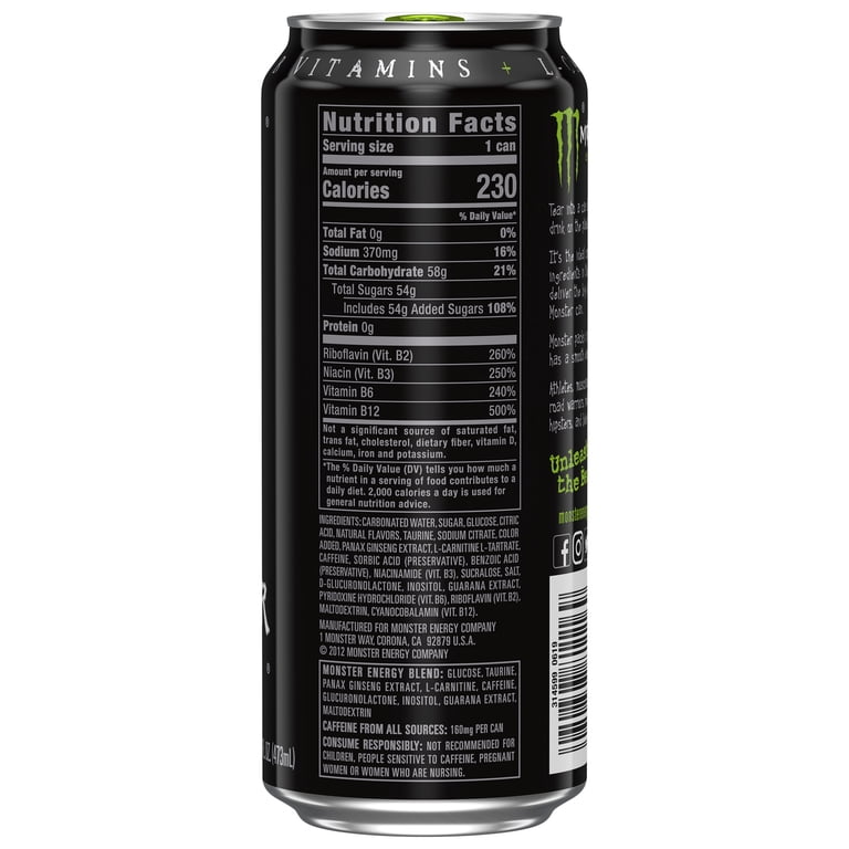 Monster Energy Original Energy Drink 4 Pack 16 Fl Oz with 160mg