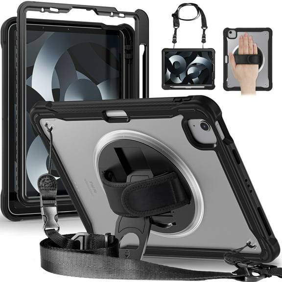 Dteck for iPad Air 5/4th Generation 10.9-inch Case 2022/2020, iPad Pro 11 Case 2022/2021/2020/2018, Heavy Duty Shockproof Case with Rotating Kickstand, Hand/Shoulder Strap,Black