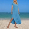 thumbnail image 2 of Timegard Robes Maxi Décontractées d'Été pour Femmes Col en V Manches Courtes Fente Latérale Longue Robe Soleil avec Poches Plage Vacances, 2 of 6
