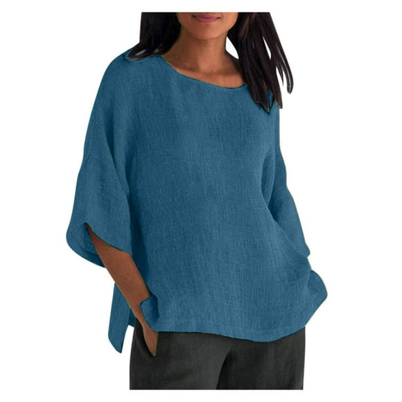 lcziwo Sales Today Clearance Linen Cotton Blouses for Women Summer 3/4 Sleeves Tops for Women Lightweihgt Blouses Solid Color Loose Fit Crew Neck T Shirts Casual Side Split Shirts Tee Blue,M