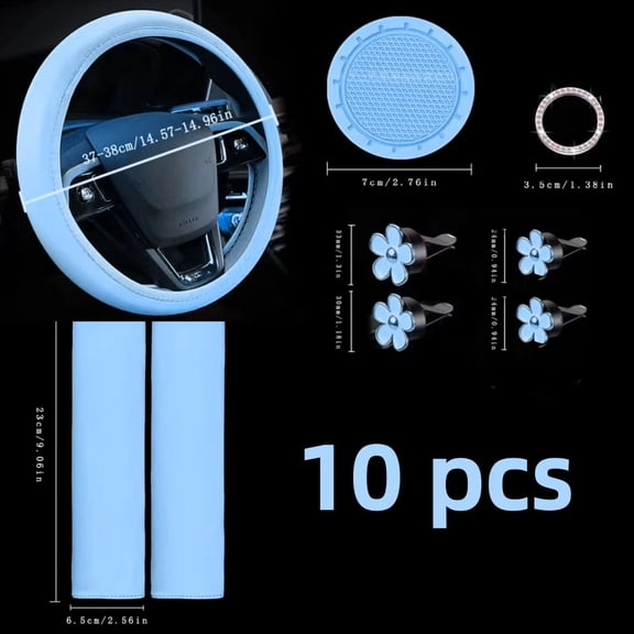 Vruelia 10 PCS Car Accessories Leather Steering Wheel Cover Set, Car Steering Wheel Cover for Women with Seat Belt Pads Cup Holders Start Button, Blue