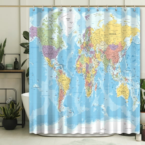 World Map Shower Curtain with Major Cities, Funny Kids Education Bathroom Sets, Water Repellent Fabric Curtains with Hooks 71x71 inches71x71 inches