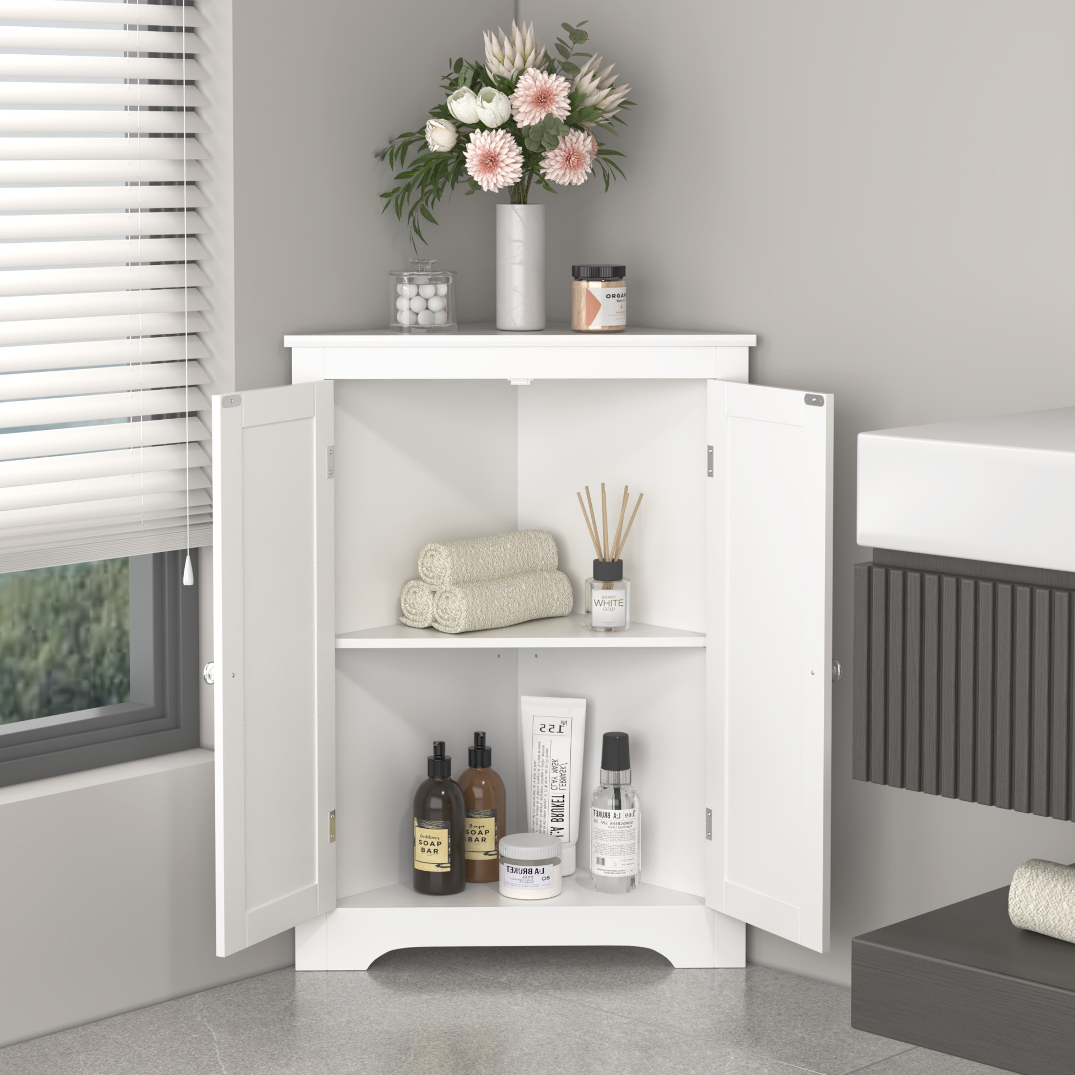 Noble House Dorris 23.6" Floor Corner Storage Cabinet with 2 Doors and Adjustable Shelf, Wooden Narrow Organizer, White