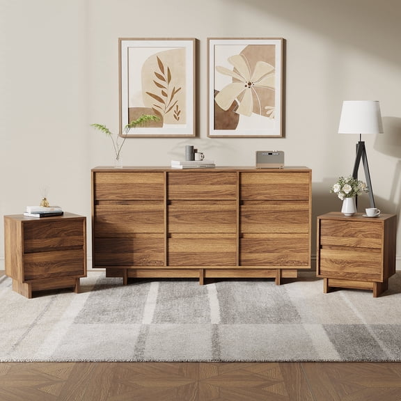 3 Piece Furniture Bedroom Set,9-drawer Dresser And 2 Nightstands, Brown