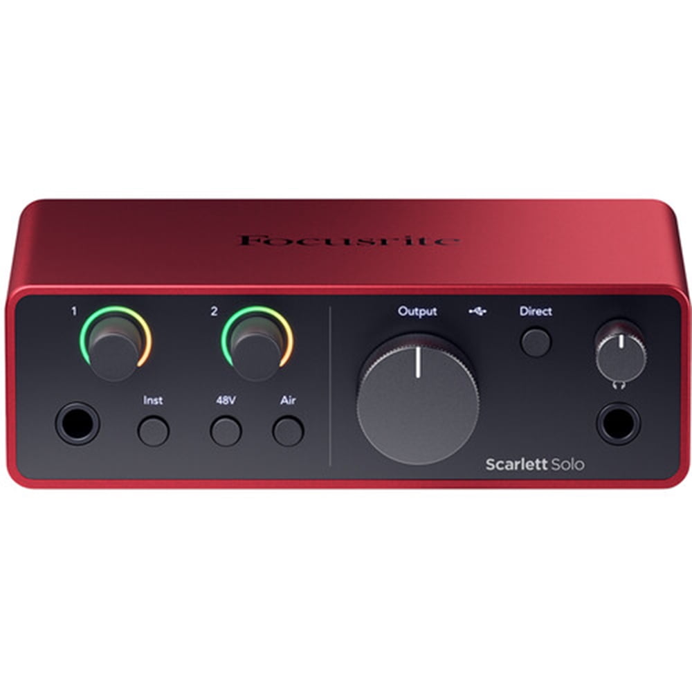Focusrite Scarlett Solo USB-C Audio Interface (4th Generation) with Clamp On Headphone Holder, Tripod Mic Stand + Boom, Kellopy Pop Filter & XLR Cable Bundle