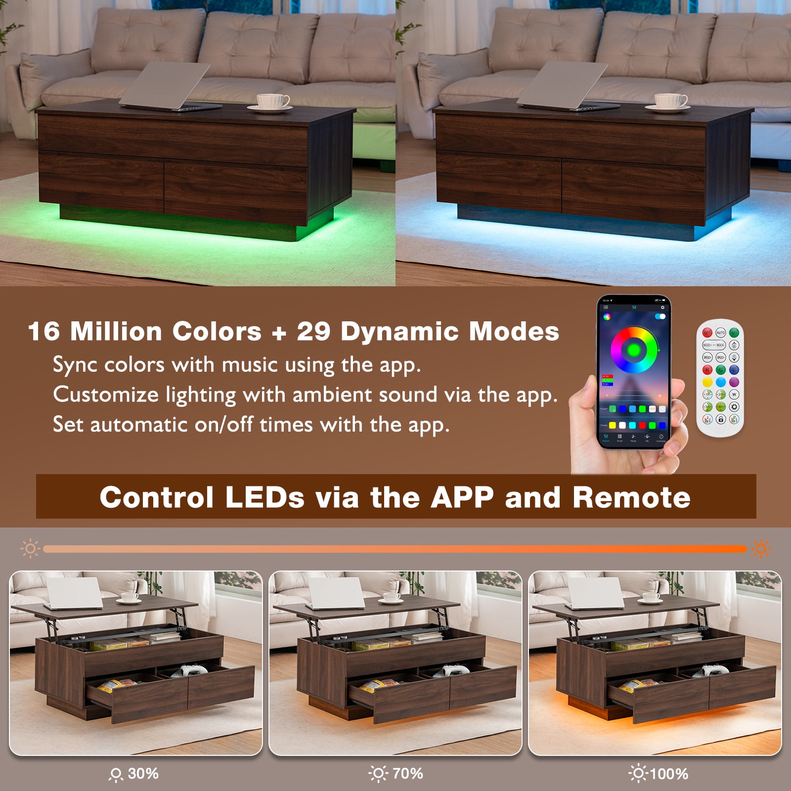 Hommpa LED Coffee Table with Lift Top and 2 Drawers, Hidden Compartment for Living Dining Room Walnut Sofa Side End Table