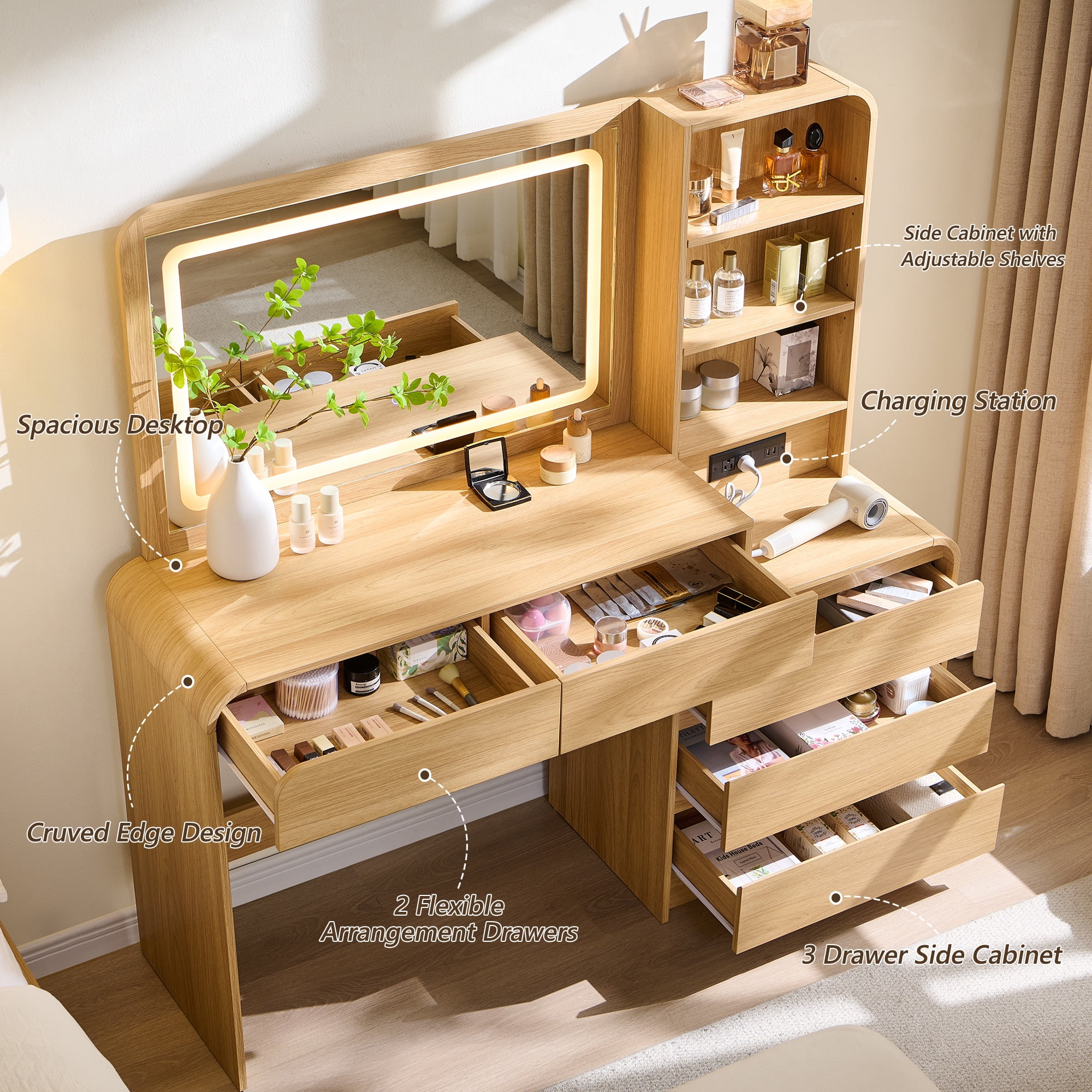 wow97e Modern Vanity Desk with Touch Screen LED Mirror, 55" Big Make Up Table with 5 Drawers , Wood Dressing Tablew/3 Color Available, Charging Station