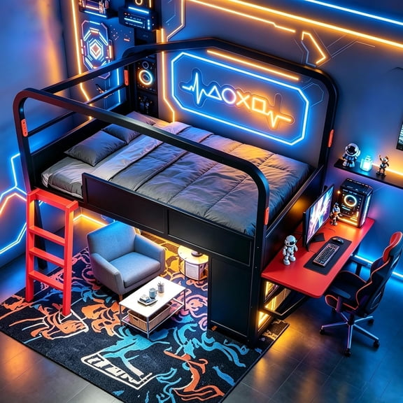Twin Size Gaming Loft Bed with Desk and Storage Cabinets, Low Metal Loft Bed Frame with Canopy Design and LED Lights for Teens, Black