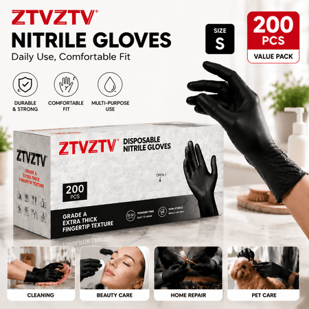 Disposable Black Nitrile Gloves, 200 Count Bulk Pack, Thick Heavy-Duty Daily Use Gloves, Latex & Powder Free, Perfect for Kitchen, Tattoo, Beauty Salon, Bathroom & Household Tasks