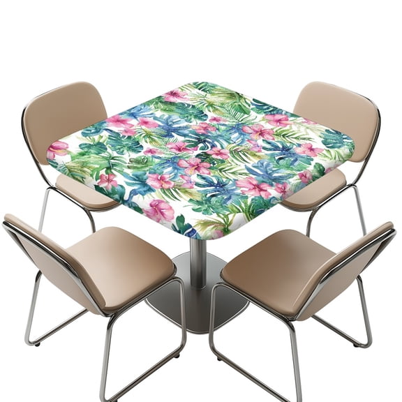 FKELYI Pink Hibiscus Floral Palm Leaf Print Square Tablecloth with Elastic Edge Polyester Table Cover for Outdoor Picnic Table Protector Kitchen Decoration, 34x34 inch
