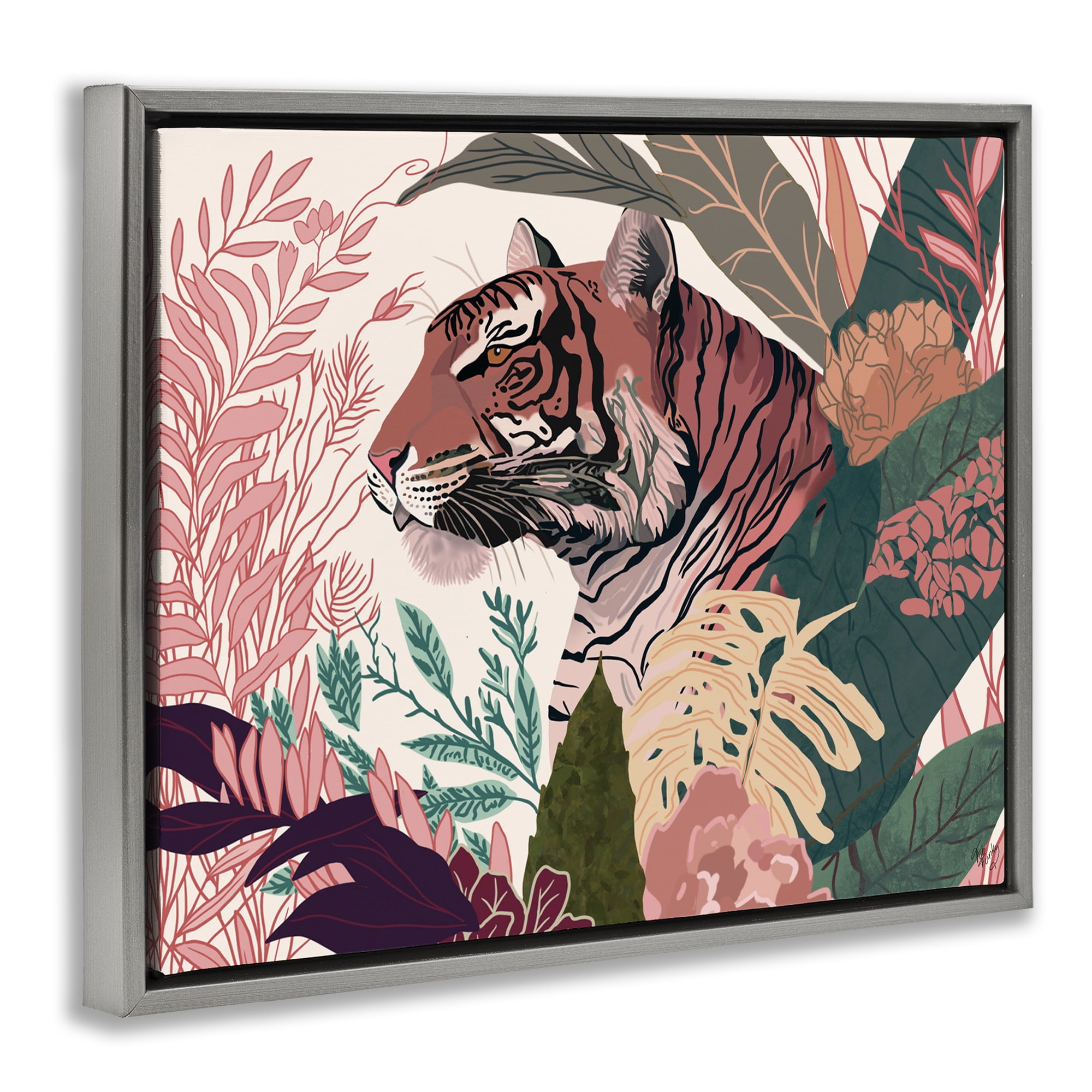 Stupell Industries Tiger Peeking from Leaves Animals & Insects Painting Gray Floater Framed Canvas Art Print Wall Art, 21 x 17